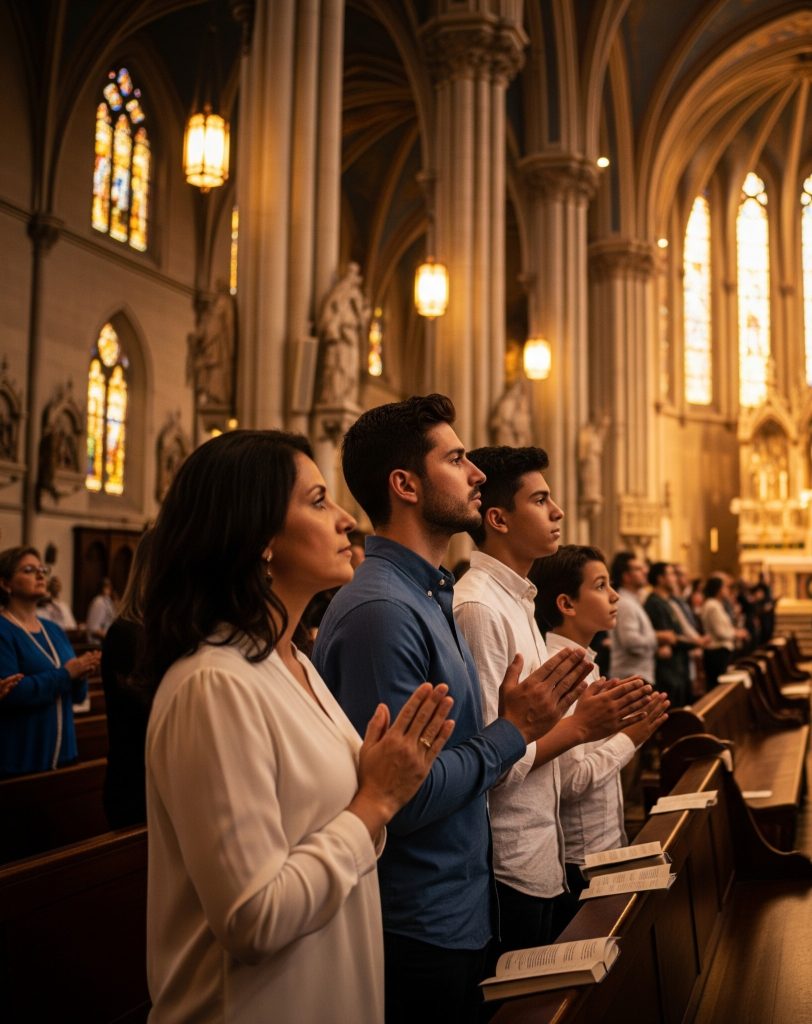 Family of different age groups attending mass