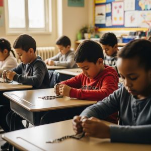 Children praying in the classroom