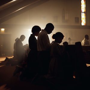 Family kneeling in church